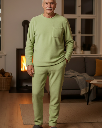 Flauschiger Schlafanzug Herren - Fleece, lang, hellgrün - Ansicht 3