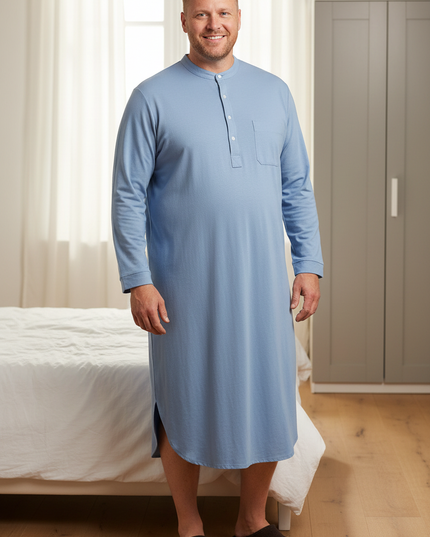Herren Nachthemd Baumwolle - Hellblau mit Stehkragen - Ansicht 1