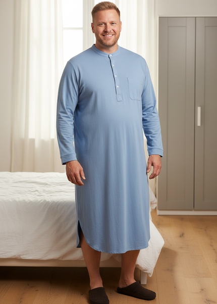 Herren Nachthemd Baumwolle - Hellblau mit Stehkragen - Ansicht 1