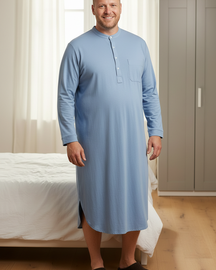 Herren Nachthemd Baumwolle - Hellblau mit Stehkragen - Ansicht 3
