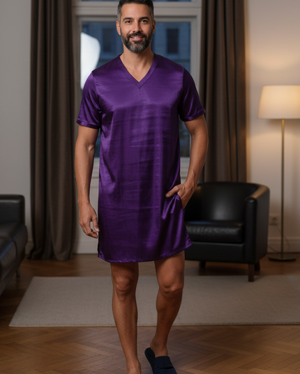 Herren Nachthemd kurzarm große Größen - lila Satin - Ansicht 1