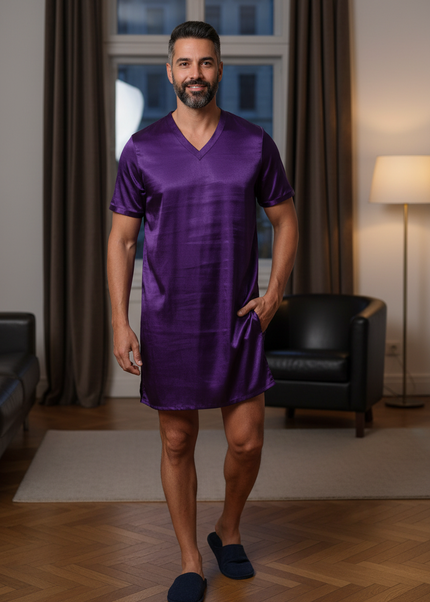 Herren Nachthemd kurzarm große Größen - lila Satin - Ansicht 1