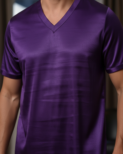 Herren Nachthemd kurzarm große Größen - lila Satin - Ansicht 4
