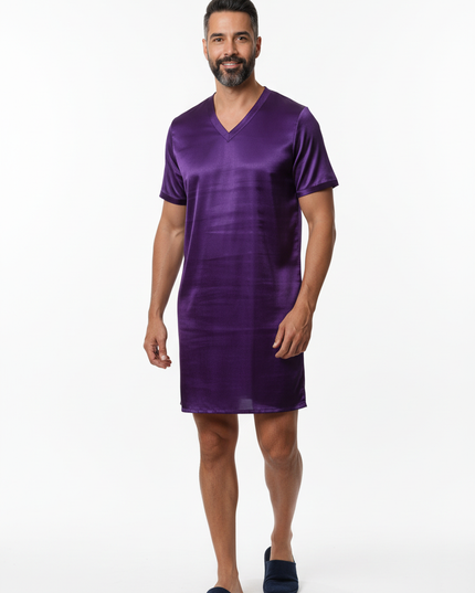 Herren Nachthemd kurzarm große Größen - lila Satin - Ansicht 5