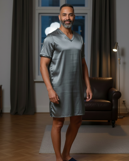 Herren Nachthemd Kurzarm XXL - graues Satin-Nachthemd - Ansicht 3