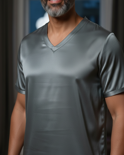 Herren Nachthemd Kurzarm XXL - graues Satin-Nachthemd - Ansicht 4
