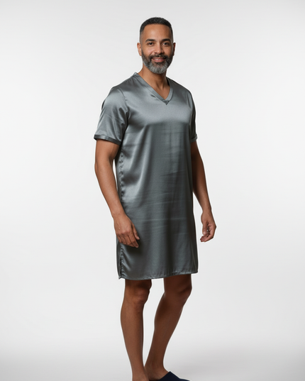 Herren Nachthemd Kurzarm XXL - graues Satin-Nachthemd - Ansicht 5