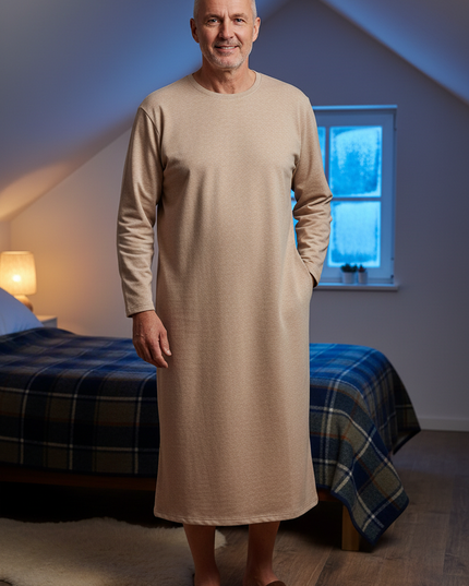Herren Nachthemd langarm warm - beige meliert - Ansicht 1