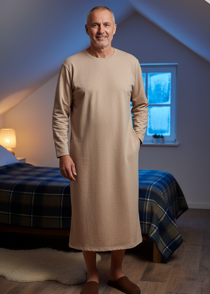 Herren Nachthemd langarm warm - beige meliert - Ansicht 1
