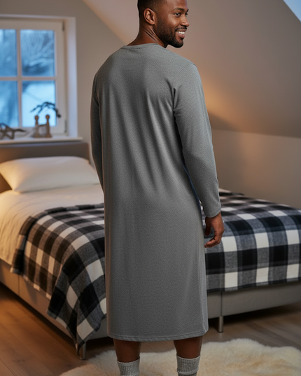 Herren Nachthemd warm: grau meliert, angeraut, knielang - Ansicht 2
