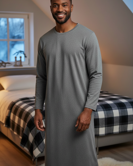 Herren Nachthemd warm: grau meliert, angeraut, knielang - Ansicht 3