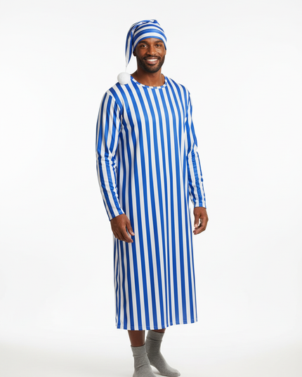 Herren Nachthemden Langarm - Royalblau-weiß gestreift - Ansicht 5