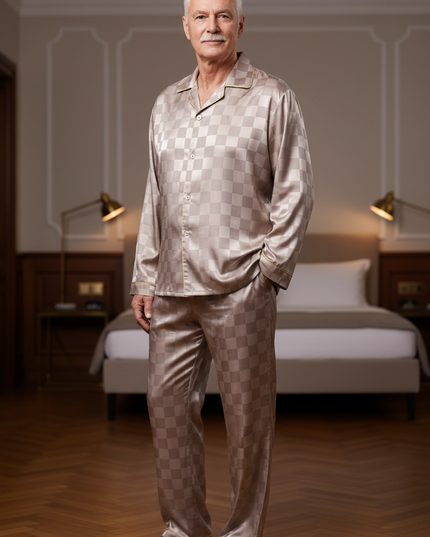 Herren Pyjama große Größen - Rosé-beige kariert im Satin - Ansicht 1