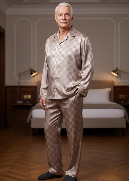 Herren Pyjama große Größen - Rosé-beige kariert im Satin - Ansicht 1