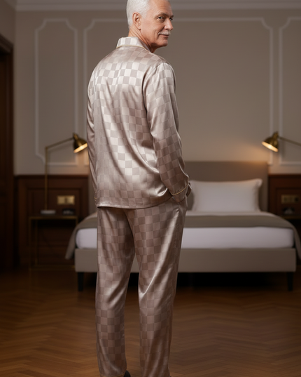 Herren Pyjama große Größen - Rosé-beige kariert im Satin - Ansicht 2
