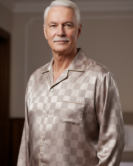 Herren Pyjama große Größen - Rosé-beige kariert im Satin - Ansicht 4