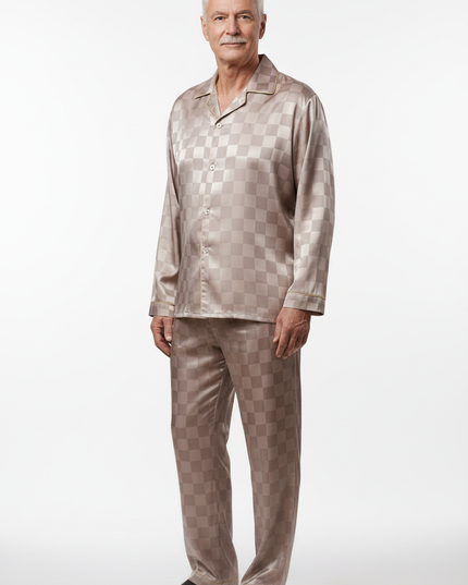 Herren Pyjama große Größen - Rosé-beige kariert im Satin - Ansicht 5