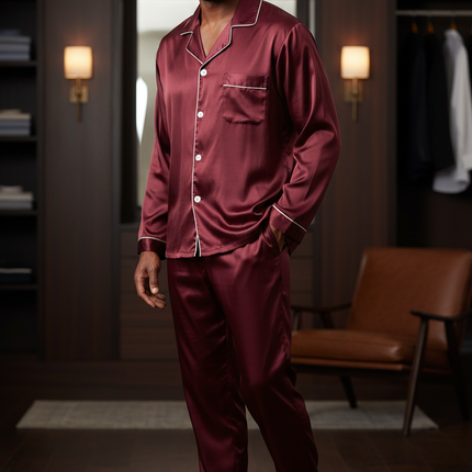 Herren Pyjama mit Knöpfen - Weinroter Satin-Schlafanzug - Ansicht 1