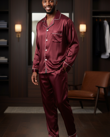 Herren Pyjama mit Knöpfen - Weinroter Satin-Schlafanzug - Ansicht 1