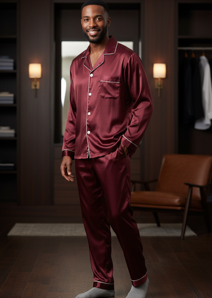 Herren Pyjama mit Knöpfen - Weinroter Satin-Schlafanzug - Ansicht 1