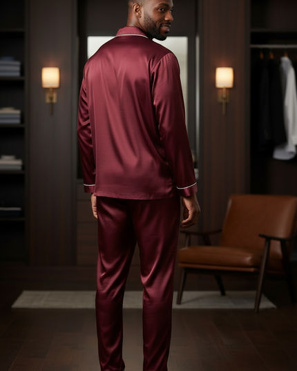 Herren Pyjama mit Knöpfen - Weinroter Satin-Schlafanzug - Ansicht 2