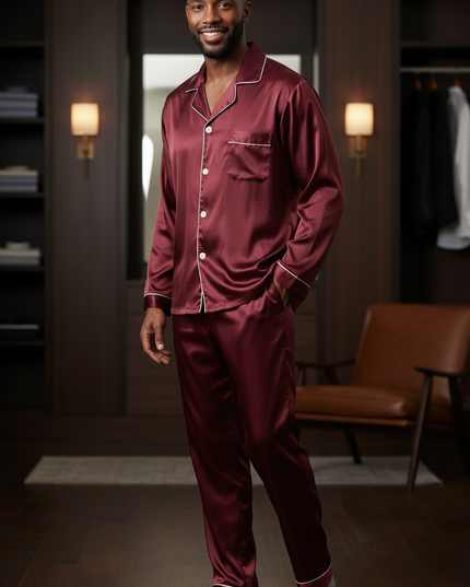 Herren Pyjama mit Knöpfen - Weinroter Satin-Schlafanzug - Ansicht 3