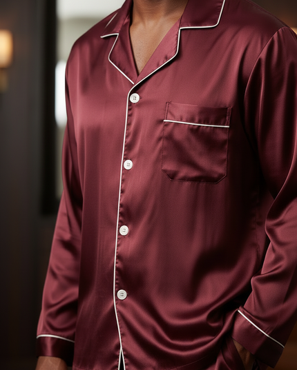 Herren Pyjama mit Knöpfen - Weinroter Satin-Schlafanzug - Ansicht 4