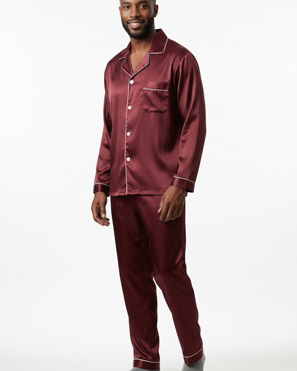 Herren Pyjama mit Knöpfen - Weinroter Satin-Schlafanzug - Ansicht 5