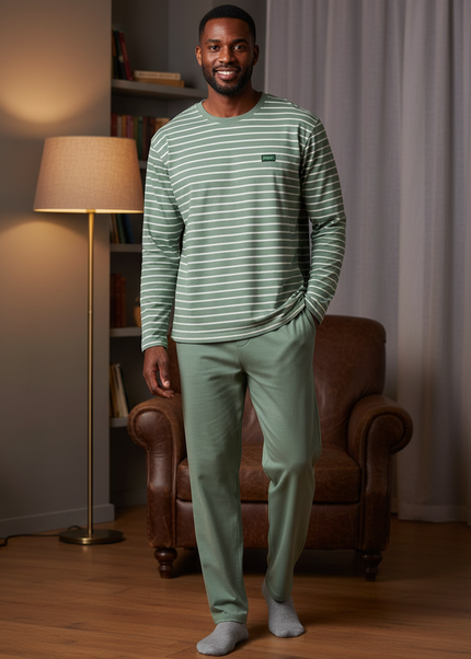 Herren Pyjama Set Baumwolle - salbeigrün-weiß gestreift - Ansicht 1