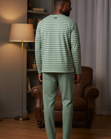 Herren Pyjama Set Baumwolle - salbeigrün-weiß gestreift - Ansicht 2