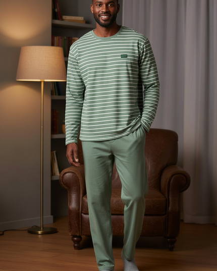 Herren Pyjama Set Baumwolle - salbeigrün-weiß gestreift - Ansicht 3