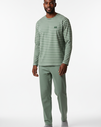 Herren Pyjama Set Baumwolle - salbeigrün-weiß gestreift - Ansicht 5