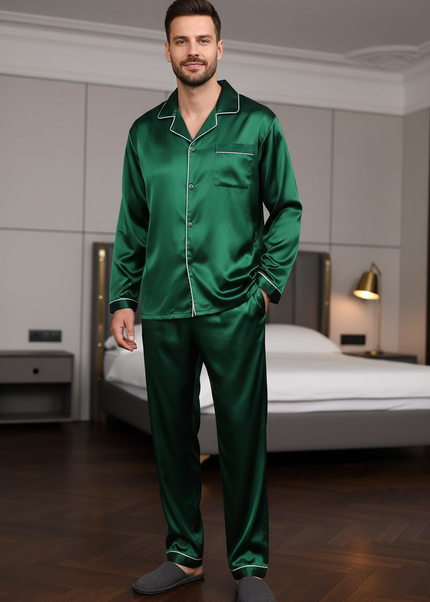 Herren Pyjama XXL - dunkelgrüner Satin mit weißer Paspel - Ansicht 1