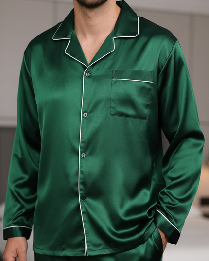 Herren Pyjama XXL - dunkelgrüner Satin mit weißer Paspel - Ansicht 4