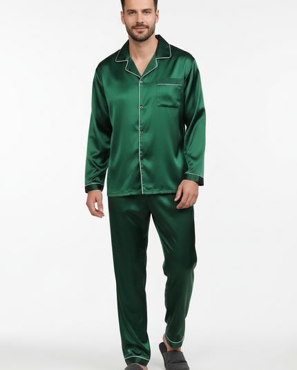 Herren Pyjama XXL - dunkelgrüner Satin mit weißer Paspel - Ansicht 5