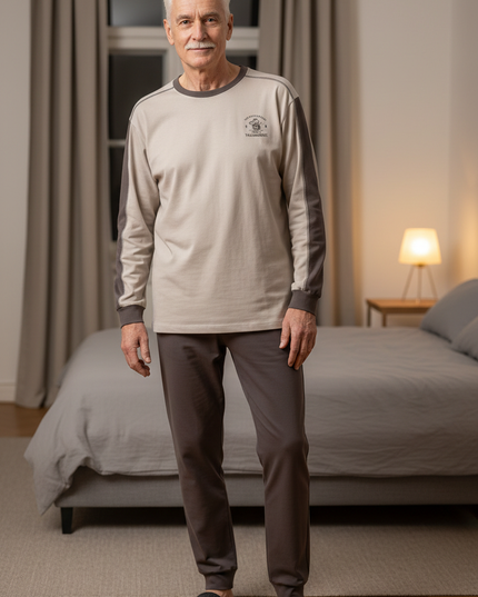 Herren Schlafanzug lang mit Bündchen - beige-grau - Ansicht 1