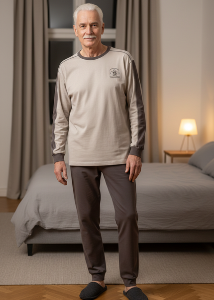 Herren Schlafanzug lang mit Bündchen - beige-grau - Ansicht 1