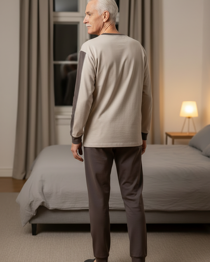 Herren Schlafanzug lang mit Bündchen - beige-grau - Ansicht 2