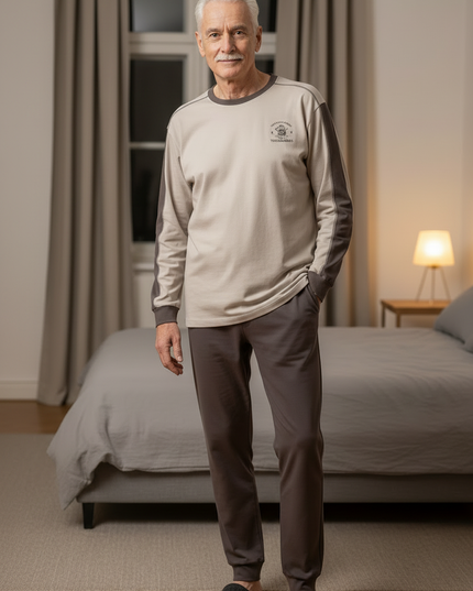 Herren Schlafanzug lang mit Bündchen - beige-grau - Ansicht 3