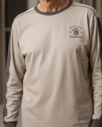 Herren Schlafanzug lang mit Bündchen - beige-grau - Ansicht 4