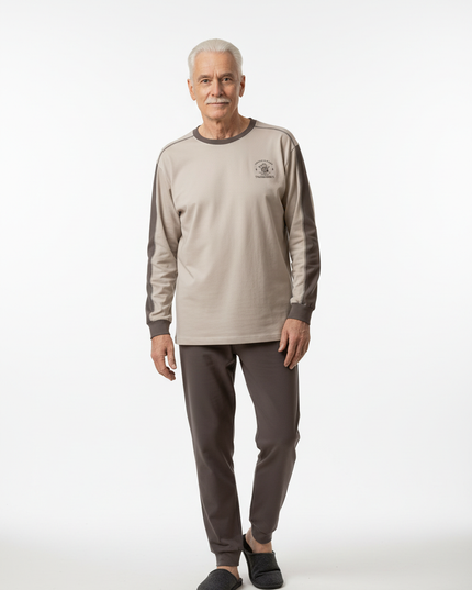Herren Schlafanzug lang mit Bündchen - beige-grau - Ansicht 5