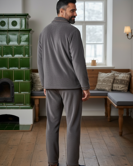 Herren Schlafanzug lang warm - Dunkelgrauer Korallenfleece - Ansicht 2
