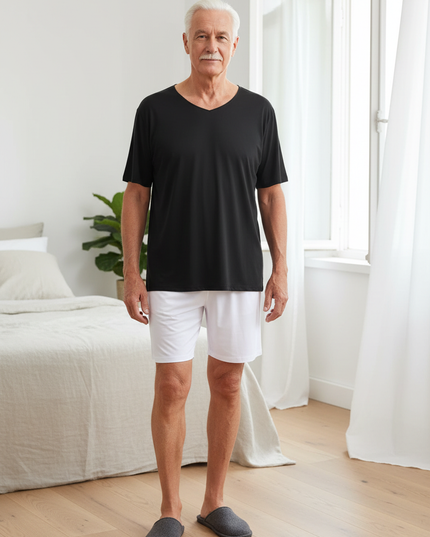 Herren Schlafanzug Shorty - schwarzes Oberteil, weiße Shorts - Ansicht 1