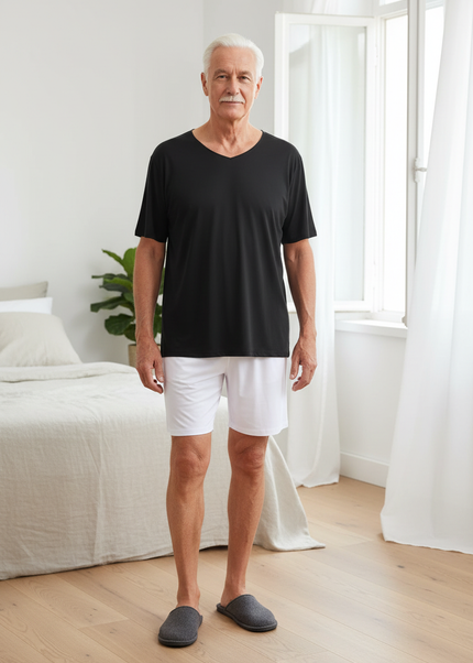 Herren Schlafanzug Shorty - schwarzes Oberteil, weiße Shorts - Ansicht 1