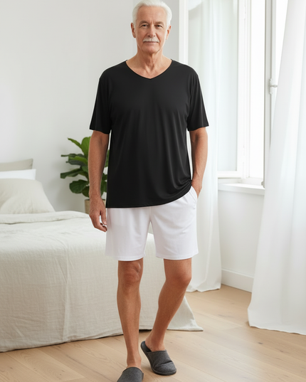 Herren Schlafanzug Shorty - schwarzes Oberteil, weiße Shorts - Ansicht 3