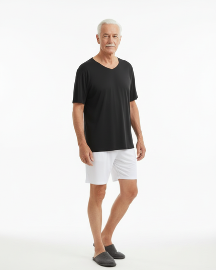 Herren Schlafanzug Shorty - schwarzes Oberteil, weiße Shorts - Ansicht 5