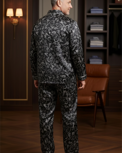 Herren Schlafanzug XXXL: schwarzer Satin mit Herz-Ornament - Ansicht 2