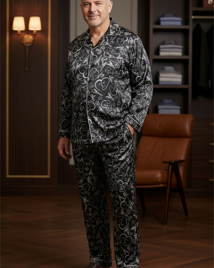 Herren Schlafanzug XXXL: schwarzer Satin mit Herz-Ornament - Ansicht 3