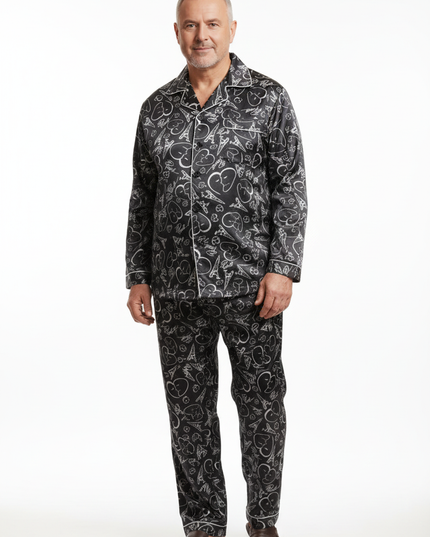 Herren Schlafanzug XXXL: schwarzer Satin mit Herz-Ornament - Ansicht 5