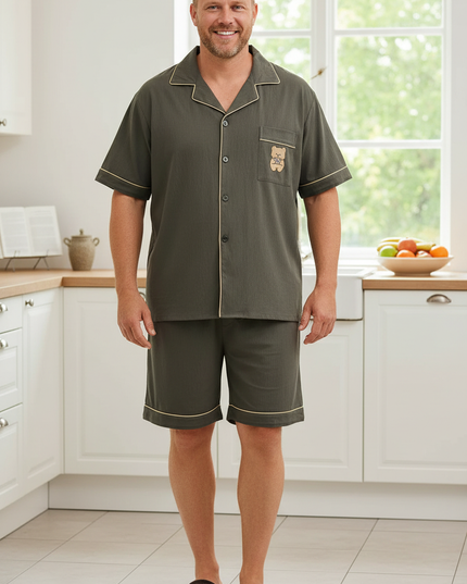 Herren Sommer Schlafanzug mit Knopfleiste - Olivgrün - Ansicht 1